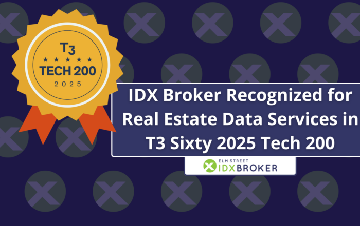 Real estate data services badge for IDX Broker in T3 Tech 200 2025 with golden ribbon and dark blue background
